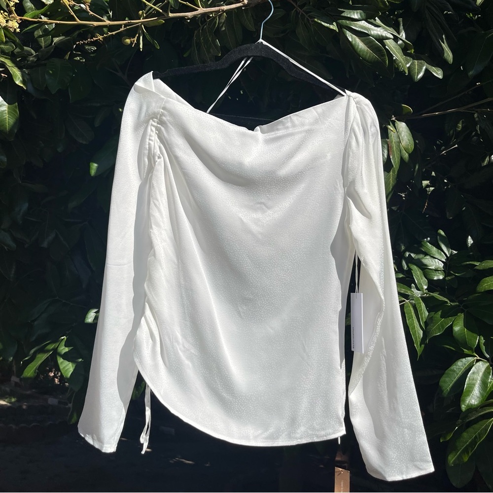 NWT REFORMATION allira white satin printed asymmetrical ruched side cropped top